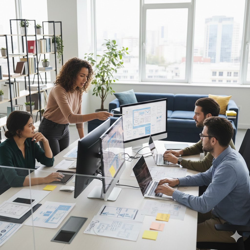 Professionelles Team arbeitet an Website-Entwicklungsprojekt